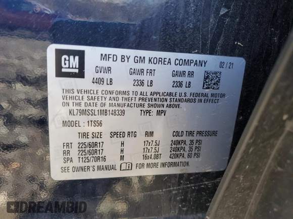 2021 Chevrolet TrailBlazer ACTIV with VIN KL79MSSL1MB148339, listed as a Copart auction lot 45146825 with 83,934 mi miles and Salvage Title. Bid and sale history available at DreamBid. Image 14.
