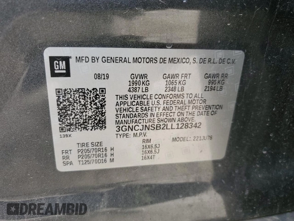 2020 Chevrolet Trax LS z VIN 3GNCJNSB2LL128342, wystawiony jako Copart lot #51242865 z przebiegiem 52 541 mil mil oraz Czysty tytuł • Clean title. Historia ofert i sprzedaży dostępna na DreamBid. Obrazek 12.
