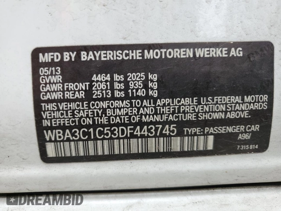 2013 BMW 3 Series 328i with VIN WBA3C1C53DF443745, listed as a Copart auction lot 62609435 with 137,573 mi miles and Salvage title. Bid and sale history available at DreamBid. Image 12.