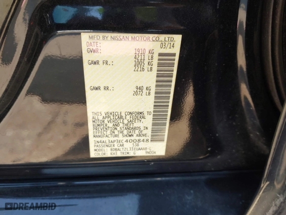 2014 Nissan Altima 2.5 SV with VIN 1N4AL3AP3EC400848, listed as a IAAI auction lot 41702231 with 246,548 mi miles. Bid and sale history available at carsss.com. Image 9.