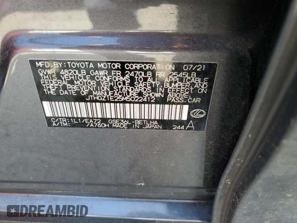 2021 Lexus IS 350 F Sport with VIN JTHGZ1E25M5022412, listed as a Copart auction lot 63022165 with Not provided miles and Salvage title. Bid and sale history available at DreamBid. Image 12.