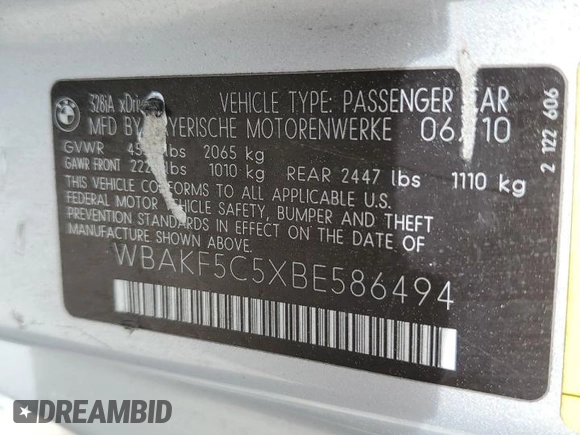 2011 BMW 3 Series 328i xDrive with VIN WBAKF5C5XBE586494, listed as a Copart auction lot 49692595 with 239,048 mi miles and Salvage title. Bid and sale history available at DreamBid. Image 14.