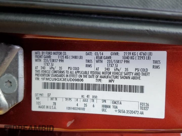 2014 Ford Escape SE с VIN 1FMCU9GX3EUD09806, выставлен на аукционе Copart как лот 59544055 с пробегом 160 274 миль миль и Чистый • Clean title. История ставок и продаж доступна на DreamBid. Изображение 13.