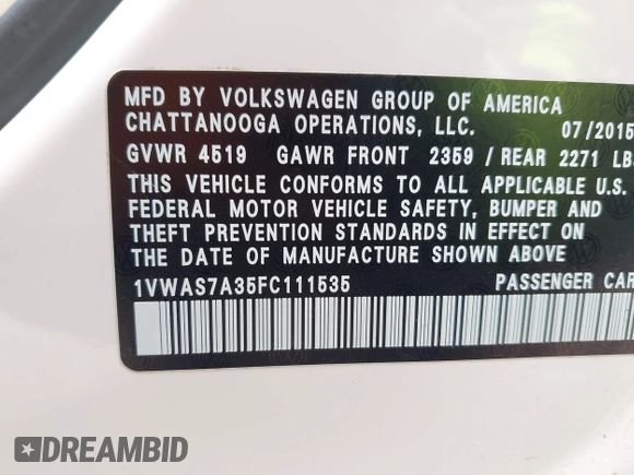 2015 Volkswagen Passat S with VIN 1VWAS7A35FC111535, listed as a IAAI auction lot 42438546 with 176,681 mi miles and . Bid and sale history available at DreamBid. Image 9.