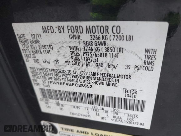 2011 Ford F-150 XL with VIN 1FTFW1EF4BFC28952, listed as a IAAI auction lot 41792908 with 122,460 mi miles. Bid and sale history available at carsss.com. Image 9.