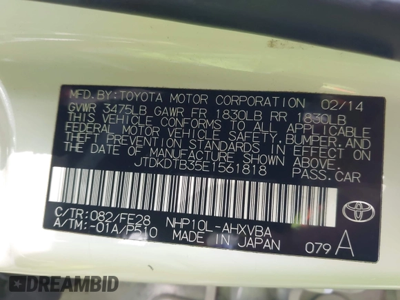2014 Toyota Prius One with VIN JTDKDTB35E1561818, listed as a IAAI auction lot 42021039 with 184,584 mi miles and . Bid and sale history available at DreamBid. Image 9.