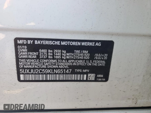 2019 BMW X5 xDrive50i с VIN 5UXJU2C59KLN65147, выставлен на аукционе Copart как лот 53146065 с пробегом 53 489 миль миль и Списание • Salvage title. История ставок и продаж доступна на DreamBid. Изображение 13.