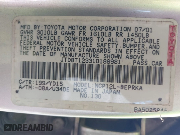 2001 Toyota ECHO with VIN JTDBT123310188981, listed as a IAAI auction lot 41974470 with 137,678 mi miles and . Bid and sale history available at DreamBid. Image 9.