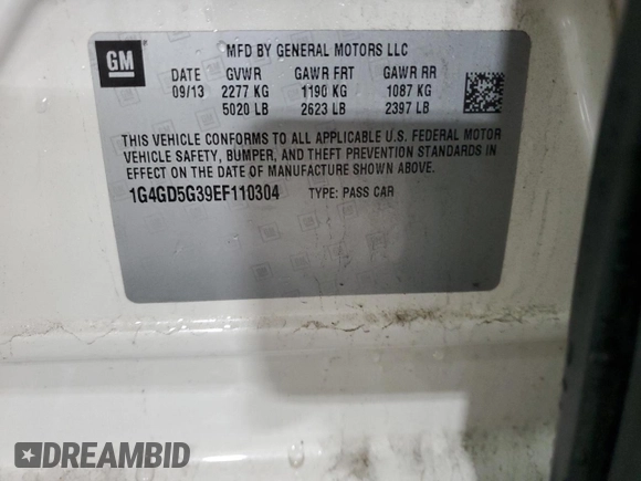 2014 Buick LaCrosse Premium I with VIN 1G4GD5G39EF110304, listed as a Copart auction lot 57483285 with 127,301 mi miles and Salvage title. Bid and sale history available at DreamBid. Image 13.
