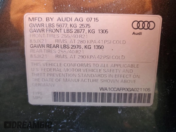 2016 Audi SQ5 Premium Plus with VIN WA1CCAFP0GA021105, listed as a Copart auction lot 79465394 with 133,434 mi miles and Salvage Title. Bid and sale history available at carsss.com. Image 14.