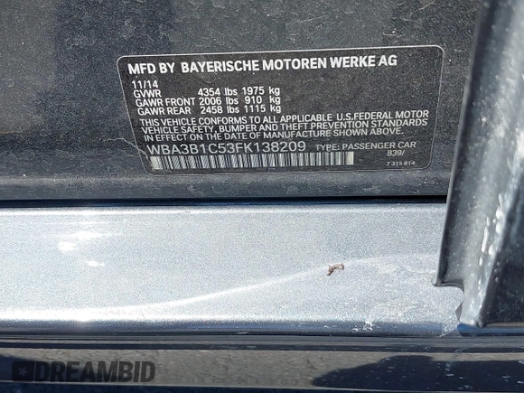 2015 BMW 3 Series 320i with VIN WBA3B1C53FK138209, listed as a IAAI auction lot 42333963 with 95,949 mi miles and . Bid and sale history available at DreamBid. Image 9.