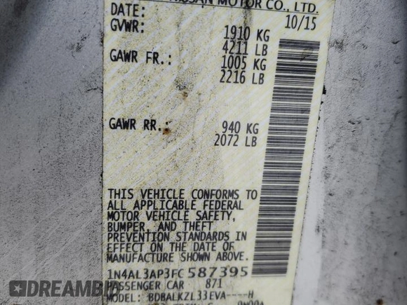 2015 Nissan Altima SV with VIN 1N4AL3AP3FC587395, listed as a Copart auction lot 41396755 with 159,956 mi miles and Salvage Title. Bid and sale history available at DreamBid. Image 12.