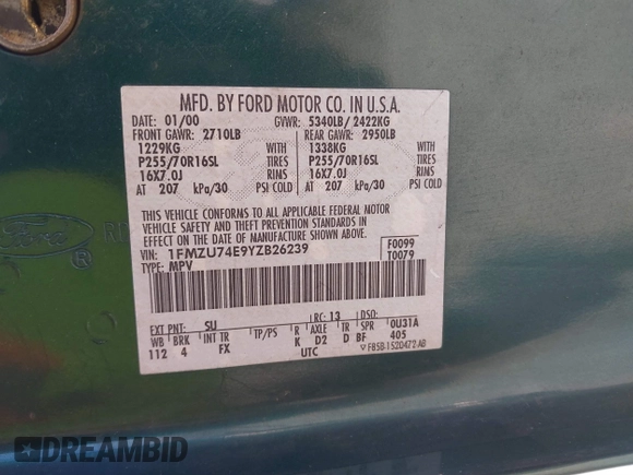 2000 Ford Explorer Eddie Bauer с VIN 1FMZU74E9YZB26239, выставлен на аукционе IAAI как лот 40233257 с пробегом 193 592 миль миль и . История ставок и продаж доступна на DreamBid. Изображение 9.
