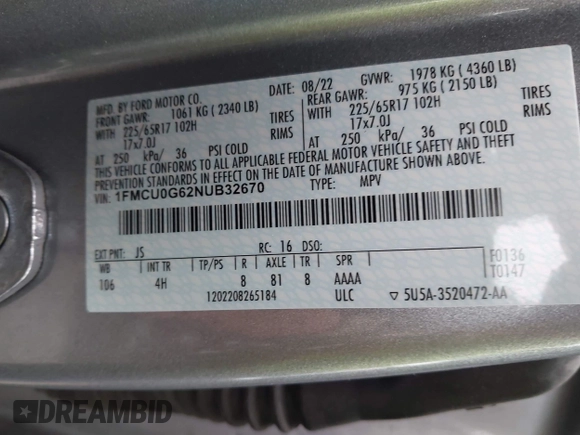 2022 Ford Escape SE z VIN 1FMCU0G62NUB32670, wystawiony jako IAAI lot #42259177 z przebiegiem 67 692 mil mil oraz . Historia ofert i sprzedaży dostępna na DreamBid. Obrazek 9.