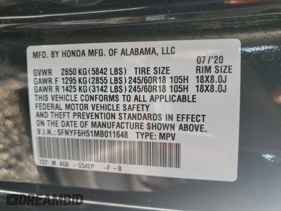 2021 Honda Pilot EX-L with VIN 5FNYF6H51MB011648, listed as a Copart auction lot 49216915 with Not Provided miles and Non Repairable. Bid and sale history available at DreamBid. Image 15.