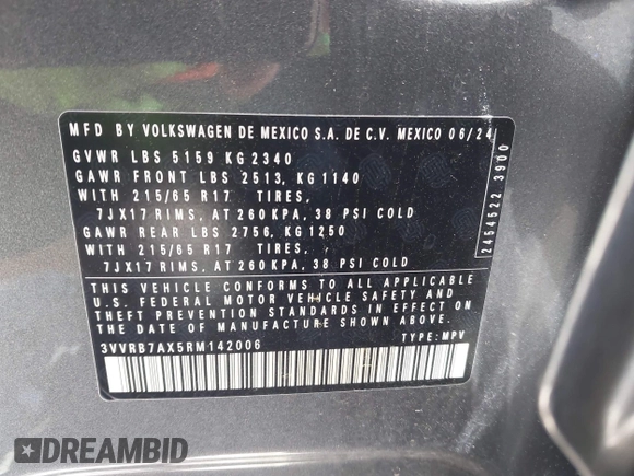 2024 Volkswagen Tiguan S with VIN 3VVRB7AX5RM142006, listed as a IAAI auction lot 42199560 with 235 mi miles and . Bid and sale history available at DreamBid. Image 9.