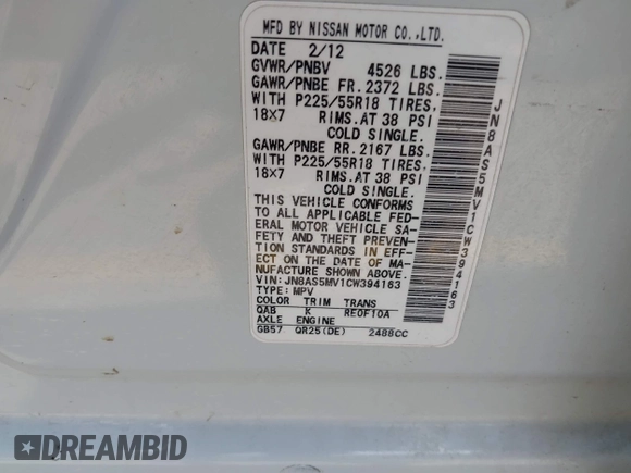 2012 Nissan Rogue S with VIN JN8AS5MV1CW394163, listed as a IAAI auction lot 42505613 with 122,324 mi miles and . Bid and sale history available at DreamBid. Image 9.