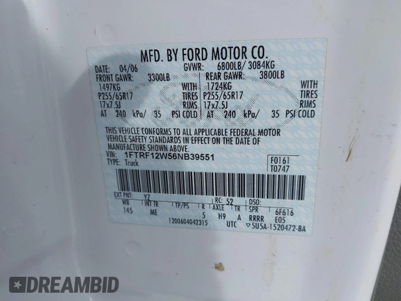 2006 Ford F-150 XL with VIN 1FTRF12W56NB39551, listed as a IAAI auction lot 41317862 with 99,429 mi miles and . Bid and sale history available at DreamBid. Image 9.
