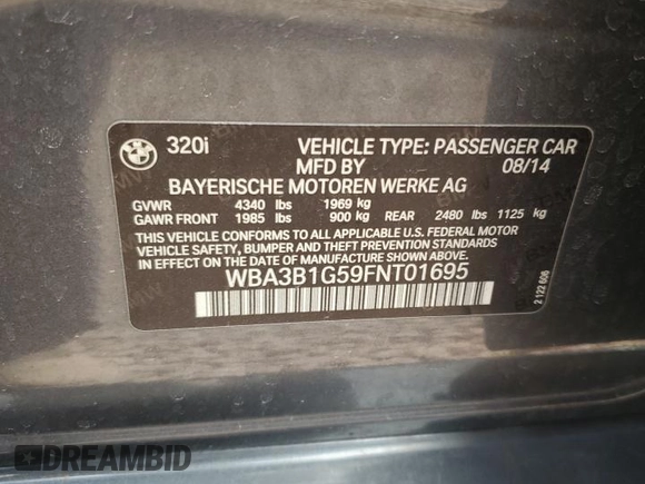 2015 BMW 3 Series 320i with VIN WBA3B1G59FNT01695, listed as a Copart auction lot 50655635 with 133,405 mi miles and Salvage Title. Bid and sale history available at carsss.com. Image 12.