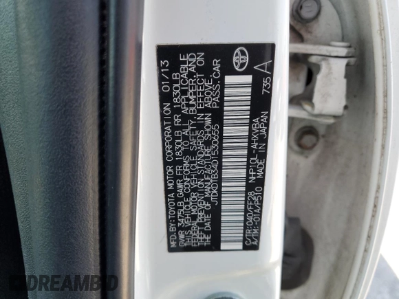 2013 Toyota Prius One with VIN JTDKDTB34D1530655, listed as a Copart auction lot 50364115 with 101,037 mi miles and Salvage Title. Bid and sale history available at DreamBid. Image 12.