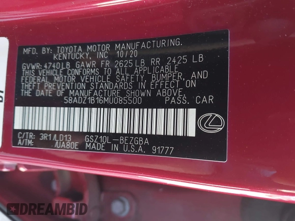 2021 Lexus ES with VIN 58ADZ1B16MU085500, listed as a IAAI auction lot 41674503 with 67,380 mi miles. Bid and sale history available at carsss.com. Image 9.
