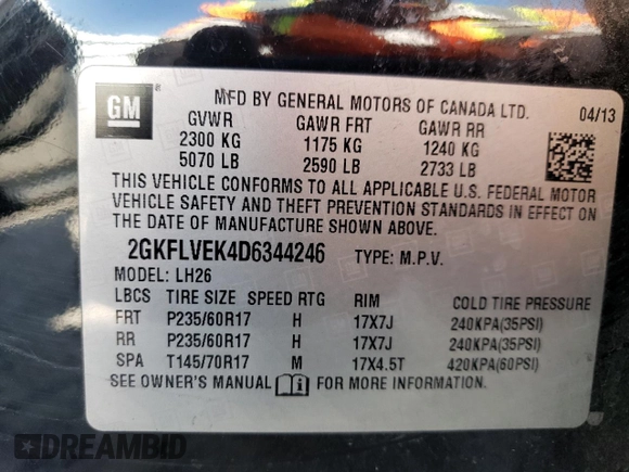 2013 GMC Terrain SLT with VIN 2GKFLVEK4D6344246, listed as a Copart auction lot 52975285 with 171,453 mi miles and Salvage Title. Bid and sale history available at carsss.com. Image 13.