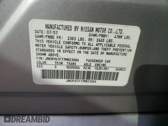 2007 Infiniti G35 G35x with VIN JNKBV61F77M823994, listed as a Copart auction lot 73189444 with 146,920 mi miles and Salvage Title. Bid and sale history available at DreamBid. Image 14.