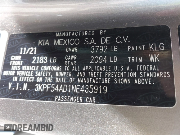 2022 Kia Forte GT-Line with VIN 3KPF54AD1NE435919, listed as a IAAI auction lot 41790738 with 30,502 mi miles. Bid and sale history available at carsss.com. Image 9.
