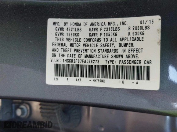 2015 Honda Accord EX-L с VIN 1HGCR2F87FA096273, выставлен на аукционе IAAI как лот 42356590 с пробегом 127 641 миль миль и . История ставок и продаж доступна на DreamBid. Изображение 9.