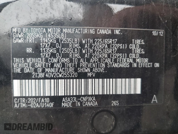 2012 Toyota RAV4 с VIN 2T3BF4DV2CW255320, выставлен на аукционе Copart как лот 63604515 с пробегом 282 172 миль миль и Чистый • Clean title. История ставок и продаж доступна на DreamBid. Изображение 13.