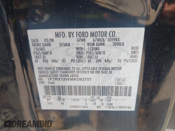 2008 Ford F-150 STX with VIN 1FTRX12W98KD62757, listed as a IAAI auction lot 42073630 with 213,037 mi miles and . Bid and sale history available at carsss.com. Image 9.