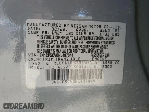 2022 Nissan Kicks SV with VIN 3N1CP5CV0NL497044, listed as a Copart auction lot 47895725 with 36,123 mi miles and Salvage Title. Bid and sale history available at carsss.com. Image 15.