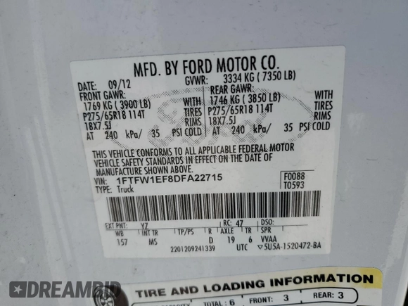 2013 Ford F-150 XL with VIN 1FTFW1EF8DFA22715, listed as a Copart auction lot 57919985 with 243,124 mi miles and Salvage title. Bid and sale history available at DreamBid. Image 12.
