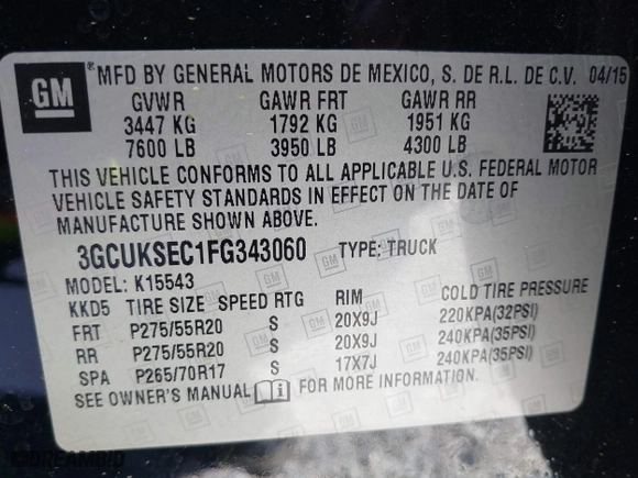 2015 Chevrolet Silverado 1500 LTZ with VIN 3GCUKSEC1FG343060, listed as a IAAI auction lot 42043989 with 157,645 mi miles. Bid and sale history available at carsss.com. Image 9.
