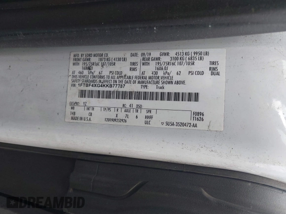 2019 Ford Transit Cargo with VIN 1FTBF4XG4KKB77787, listed as a IAAI auction lot 41829546 with 201,282 mi miles. Bid and sale history available at carsss.com. Image 8.