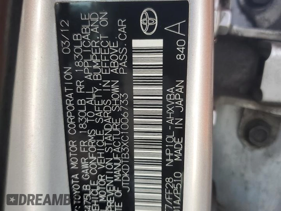 2012 Toyota Prius One z VIN JTDKDTB3XC1006733, wystawiony jako Copart lot #78012364 z przebiegiem 278 821 mil mil oraz Szkoda całkowita • Salvage title. Historia ofert i sprzedaży dostępna na DreamBid. Obrazek 13.
