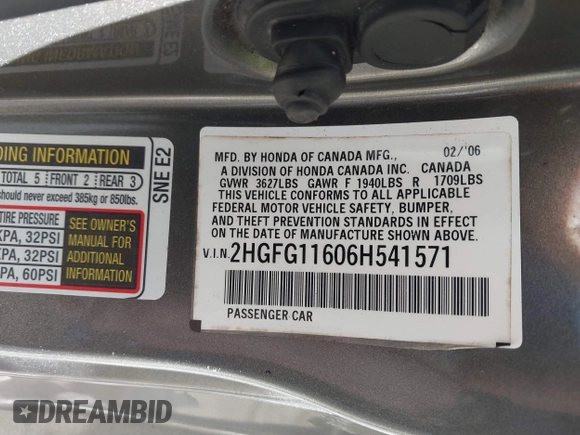 2006 Honda Civic Cpe LX with VIN 2HGFG11606H541571, listed as a IAAI auction lot 41689942 with 238,614 mi miles. Bid and sale history available at carsss.com. Image 9.