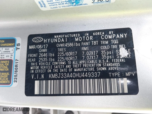 2017 Hyundai Tucson SE Plus with VIN KM8J33A40HU449337, listed as a IAAI auction lot 42010707 with 55,383 mi miles. Bid and sale history available at carsss.com. Image 9.