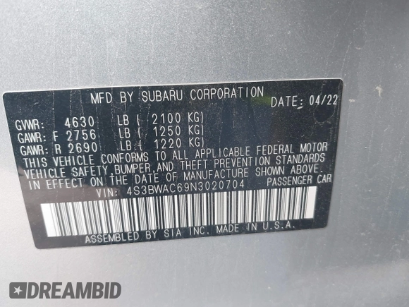 2022 Subaru Legacy Premium with VIN 4S3BWAC69N3020704, listed as a IAAI auction lot 42065338 with Not provided miles and . Bid and sale history available at DreamBid. Image 9.