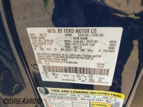 2012 Ford F-150 XL with VIN 1FTFW1EF2CFC86348, listed as a IAAI auction lot 42648110 with 144,035 mi miles and . Bid and sale history available at DreamBid. Image 9.