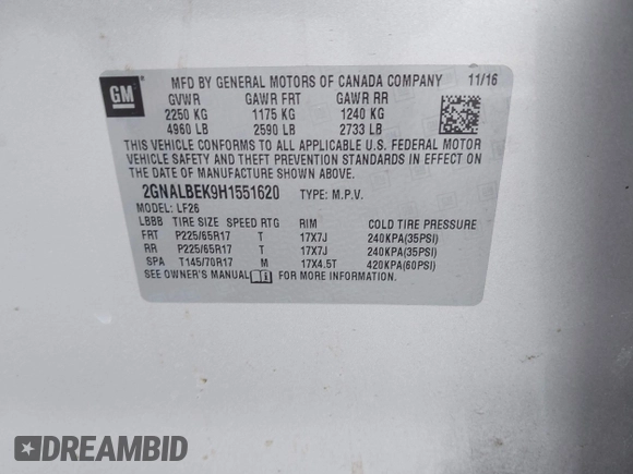 2017 Chevrolet Equinox LS with VIN 2GNALBEK9H1551620, listed as a IAAI auction lot 42179080 with 95,629 mi miles and . Bid and sale history available at carsss.com. Image 9.