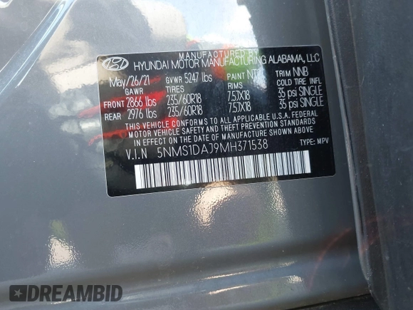 2021 Hyundai Santa Fe SE с VIN 5NMS1DAJ9MH371538, выставлен на аукционе IAAI как лот 42288385 с пробегом 30 457 миль миль и . История ставок и продаж доступна на DreamBid. Изображение 9.