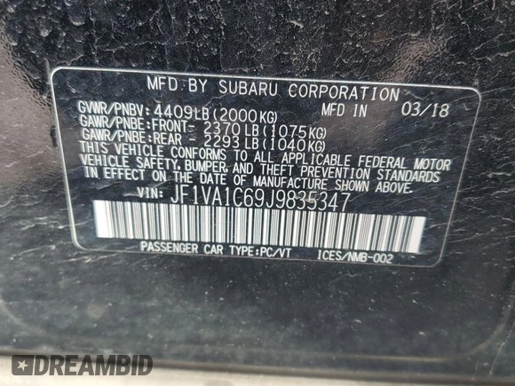 2018 Subaru WRX Premium with VIN JF1VA1C69J9835347, listed as a Copart auction lot 53796995 with 81,223 mi miles and Salvage title. Bid and sale history available at DreamBid. Image 12.