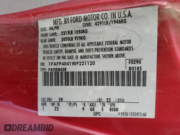 1998 Ford Mustang with VIN 1FAFP4041WF221120, listed as a Copart auction lot 53753005 with 117,219 mi miles and Clean title. Bid and sale history available at DreamBid. Image 12.