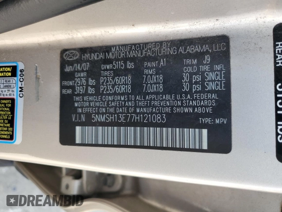 2007 Hyundai Santa Fe SE with VIN 5NMSH13E77H121083, listed as a Copart auction lot 56556935 with 176,751 mi miles and Salvage title. Bid and sale history available at DreamBid. Image 13.
