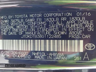 2016 Toyota Prius One with VIN JTDKDTB38G1122485, listed as a IAAI auction lot 42054085 with 66,243 mi miles and . Bid and sale history available at DreamBid. Image 9.
