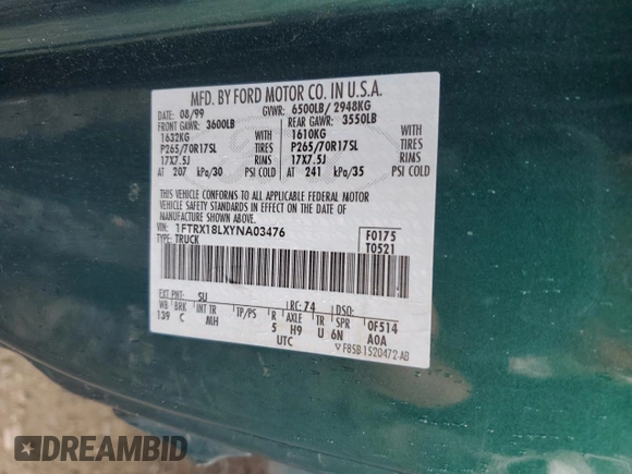 2000 Ford F-150 XL with VIN 1FTRX18LXYNA03476, listed as a Copart auction lot 55183845 with 203,163 mi miles and Clean Title. Bid and sale history available at carsss.com. Image 12.