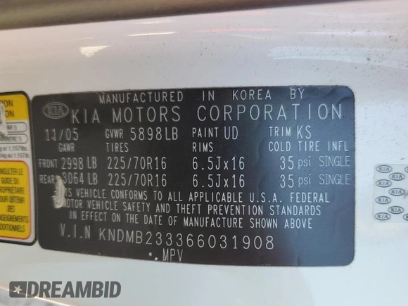 2006 Kia Sedona LX with VIN KNDMB233366031908, listed as a Copart auction lot 70193774 with 99,635 mi miles and Clean Title. Bid and sale history available at carsss.com. Image 13.