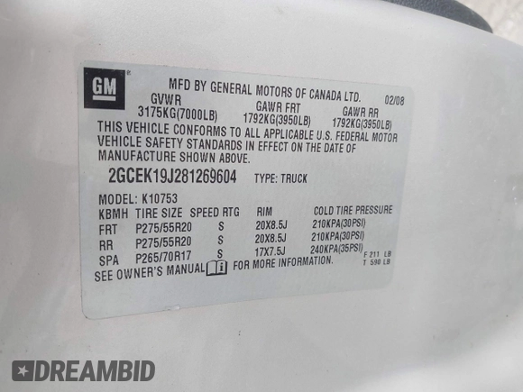 2008 Chevrolet Silverado 1500 1LT with VIN 2GCEK19J281269604, listed as a IAAI auction lot 42188009 with 208,156 mi miles and . Bid and sale history available at DreamBid. Image 9.