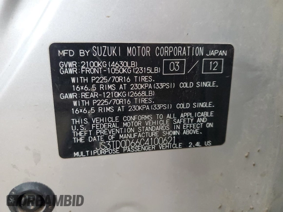2012 Suzuki Grand Vitara Premium z VIN JS3TD0D66C4100621, wystawiony jako Copart lot #86968164 z przebiegiem Nie podano mil oraz Szkody całkowita. Historia ofert i sprzedaży dostępna na DreamBid. Obrazek 12.